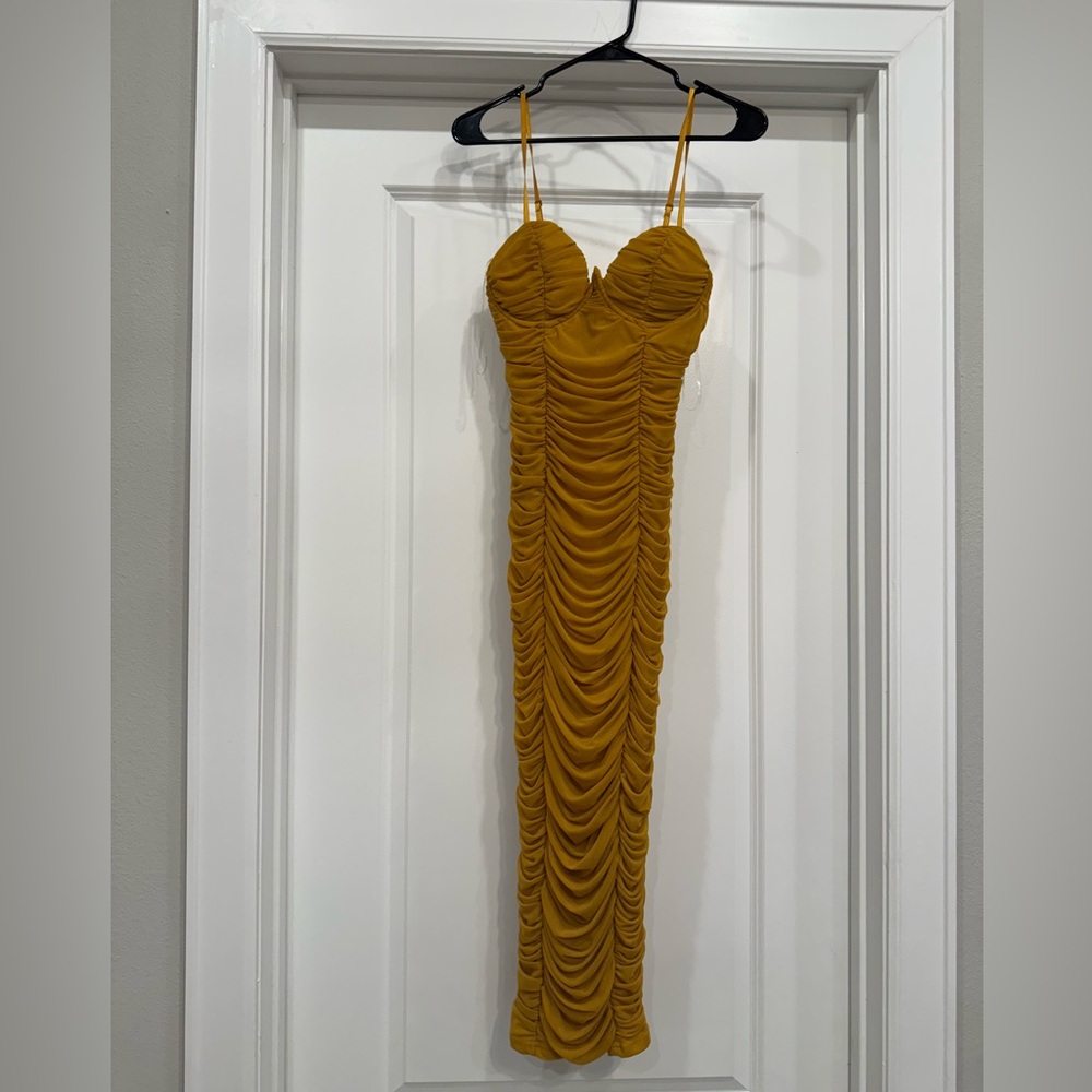 Elegant Mustard Yellow Ruched Dress